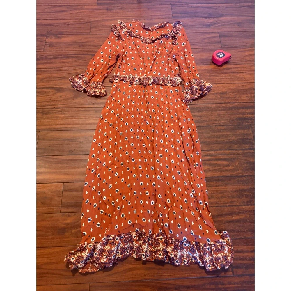 Free People Rare Feelings Maxi Dress Rust Orange Floral Boho Duster Size S - Picture 8 of 9